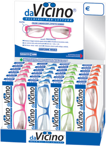 Espositore da banco per 24 occhiali da lettura mod.FREEDOM con colori luminescenti ed effetto gomma. Solo per presbiopia semplice.