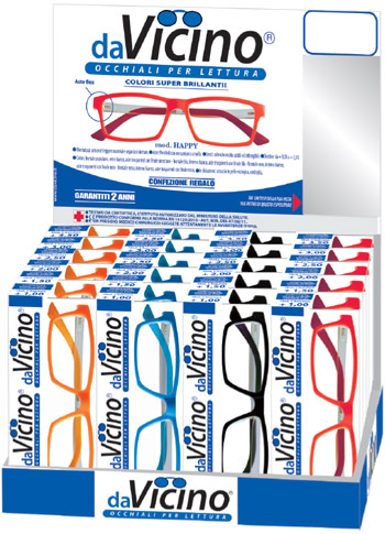 Espositore da banco per 24 occhiali da lettura mod.HAPPY con colori luminescenti e ampio campo visivo. Solo per la presbiopia semplice.
