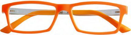 Occhiali da lettura modello Happy - frontale arancione, retro bianco, aste trasparenti con finale arancione dai colori super brillanti