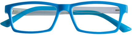 Occhiali da lettura modello Happy - frontale blu, retro bianco, aste trasparenti con finale blu dai colori super brillanti